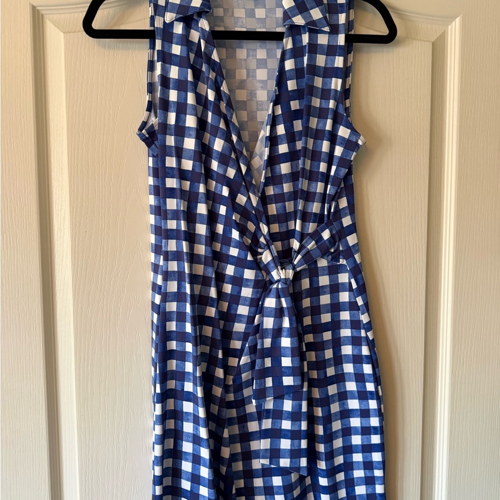Talbots Jersey Blue and White Gingham Wrap-Style Dress